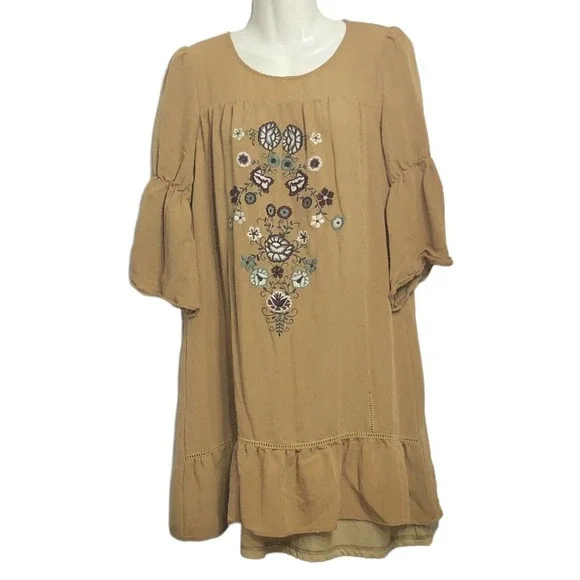 Polagram Dresses | Polagram Boho Dress Embroidered Lagenlook Pullover Tunic | Color: Brown/Gold | Size: M | Missypoo2u's Closet